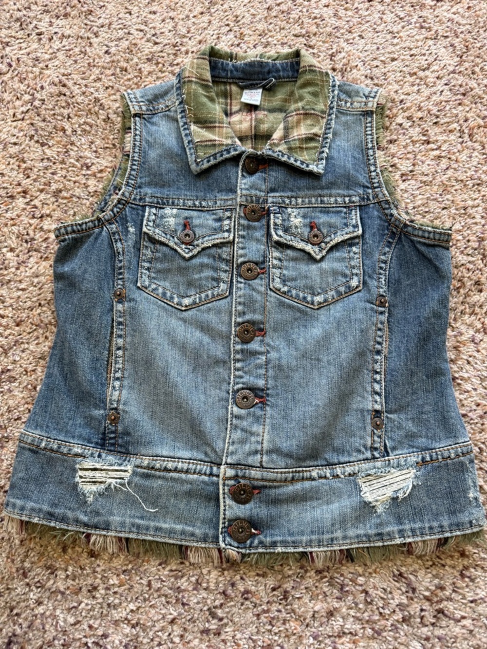 Silver Jeans Denim Vest with Plaid Lining - Blue